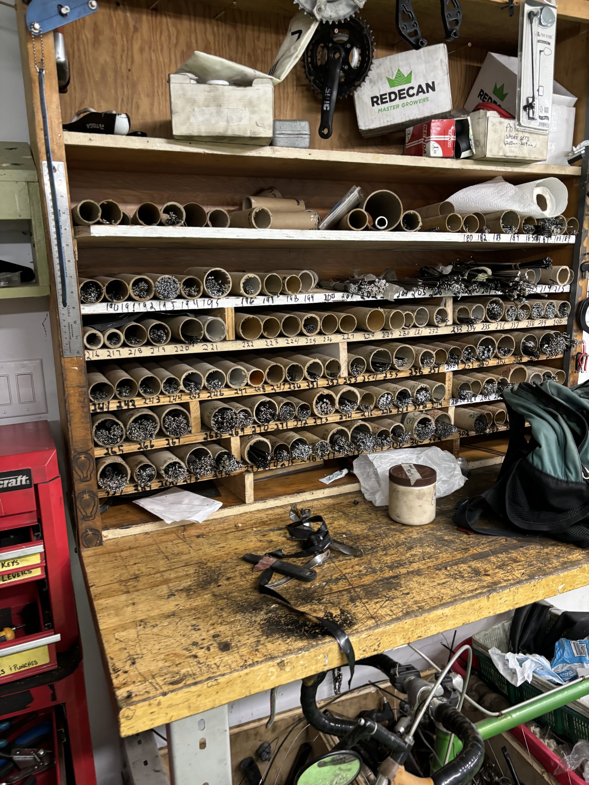 photo of work bench and bicycle word spokes.